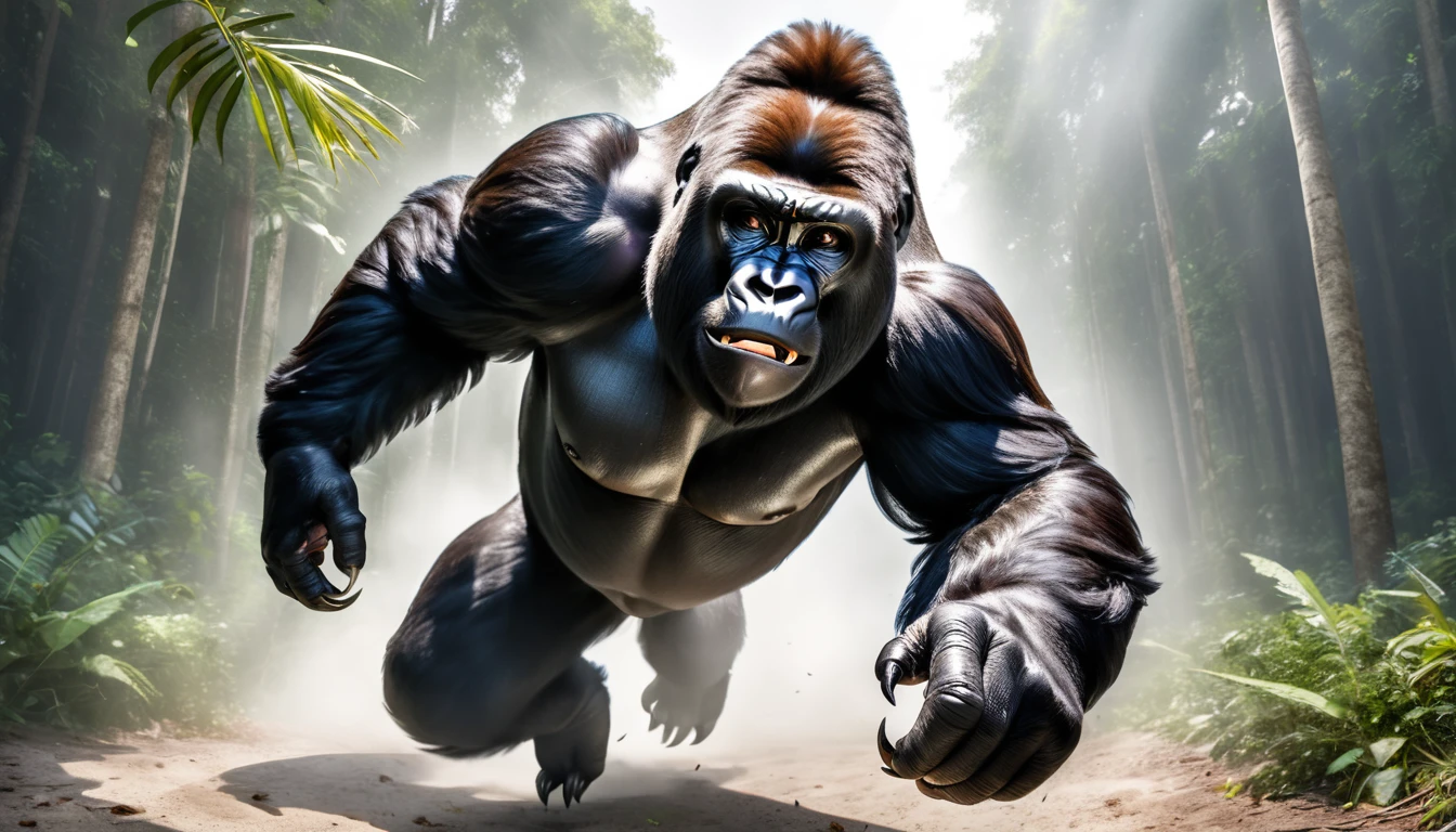 Realistic photos, RAW Photos, gorilla, attacks viewer, Powerful movements, jump on prey, ((Dynamic jump)), Sharp Claws, gorilla approaching from above, sudden approach, Bad-tempered, dynamic Shot from grand