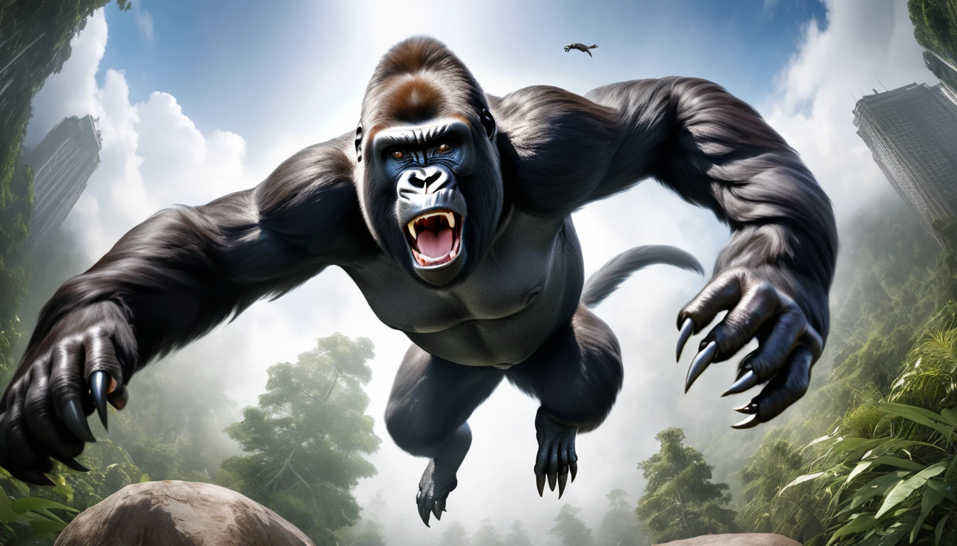 Realistic photos, RAW Photos, gorilla, attacks viewer, Powerful movements, jump on prey, ((Dynamic jump)), Sharp Claws, gorilla approaching from above, sudden approach, Bad-tempered, dynamic Shot from grand
