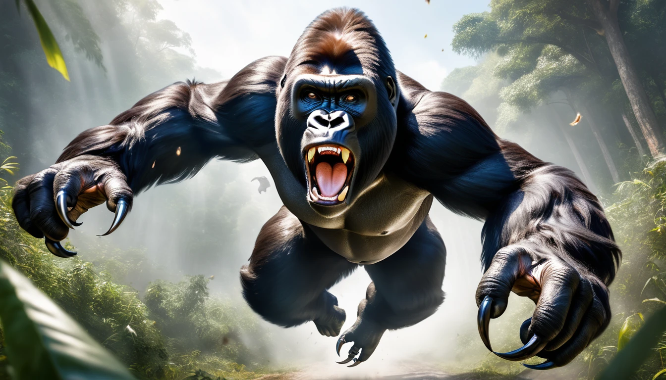 Realistic photos, RAW Photos, gorilla, attacks viewer, Powerful movements, jump on prey, ((Dynamic jump)), Sharp Claws, gorilla approaching from above, sudden approach, Bad-tempered, dynamic Shot from grand