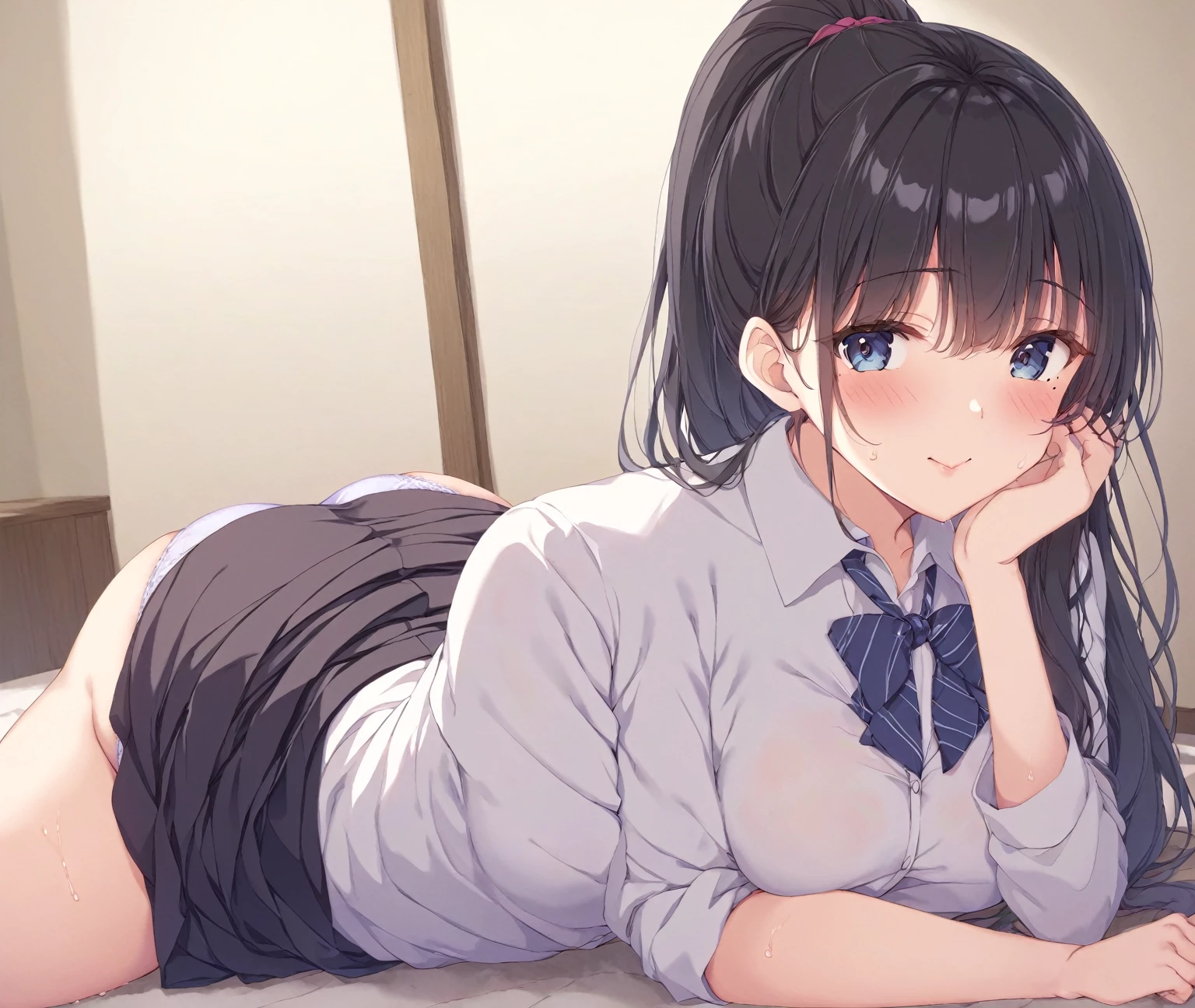 One person、masterpiece、Highest quality、Super detailed、High resolution illustrations、Improve skin quality、Increase eye appeal、Drawn in detail、Perfect body structure、Old woman、Business suit and tight skirt、Prone、Buttを見せる、Butt、look back、Lift up the skirt、Showing off a plain looking pair of panties、Are thin、Tall、Buttが小さい、Skin blemishes、Skin wrinkles、Aged skin、Wrinkled skin、Outdoor、Embarrassing、Unpleasant、Sweat it out、Sigh、Heat、Black Hair、Downcast eyes、Watery eye、mole、Long Hair、ponytail、