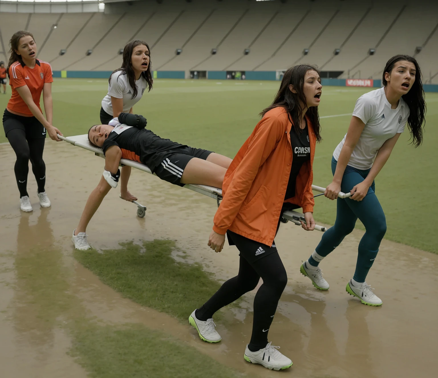 a soccer scene in a sports stadium, cool and wet weather conditions, humide ground, rainy sky, injury scene in a sports stadium, stretcher carry, there are four female medics carrying a stretcher, there are four female medics in very shiny coats who are carrying a stretcher in a sports stadium, there is a wounded male soccer player in a matte short cotton sports outfit lying on the stretcher, an injured male soccer player in matte cotton sportswear is lying in pain on a stretcher, a soccer player in matte cotton sports clothes is rearing up in intense pain while lying on a stretcher, dramatic scene, theatralic posing scene, dramatic pity scene, injury soccer, first aid, help, pity, there are four female medics in wetlook high-shine coats who are looking very sad and very terrified and very shocked, the injured soccer player is screaming out in pain while he is carried from the pitch on a stretcher