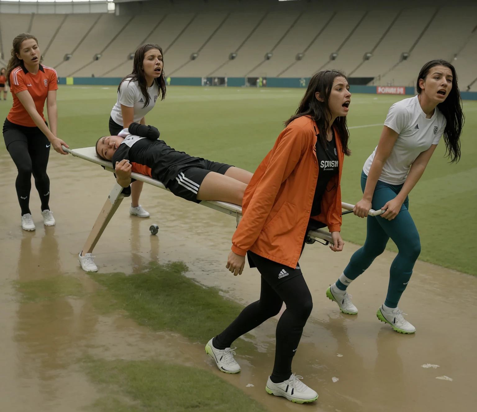 a soccer scene in a sports stadium, cool and wet weather conditions, humide ground, rainy sky, injury scene in a sports stadium, stretcher carry, there are four female medics carrying a stretcher, there are four female medics in very shiny coats who are carrying a stretcher in a sports stadium, there is a wounded male soccer player in a matte short cotton sports outfit lying on the stretcher, an injured male soccer player in matte cotton sportswear is lying in pain on a stretcher, a soccer player in matte cotton sports clothes is rearing up in intense pain while lying on a stretcher, dramatic scene, theatralic posing scene, dramatic pity scene, injury soccer, first aid, help, pity, there are four female medics in wetlook high-shine coats who are looking very sad and very terrified and very shocked, the injured soccer player is screaming out in pain while he is carried from the pitch on a stretcher