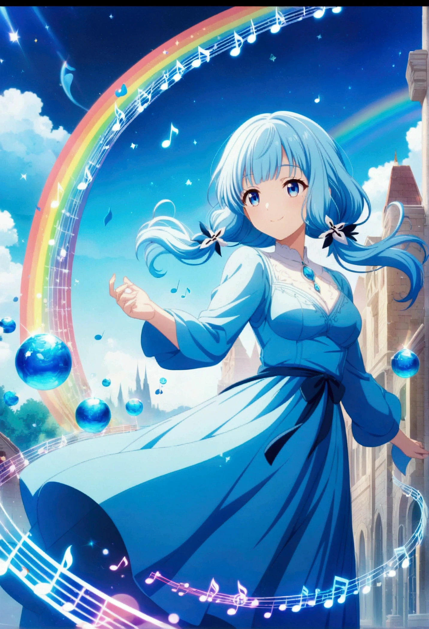 Anime style, ultra-detailed, 8K CG, blue-haired girl, smile, blue world, mysterious blue objects floating, star, (musical note), rainbow, blue dress