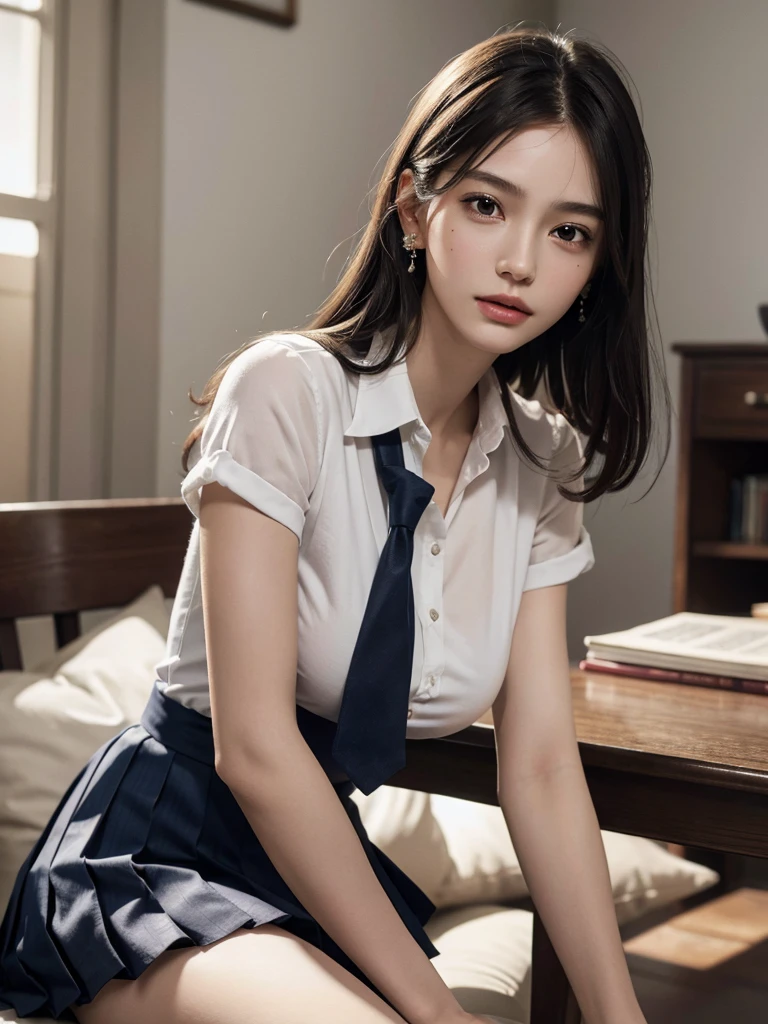 absurdres, RAW photo, extremely delicate and beautiful, masterpiece, Best Quality, ultra high resolution, 32k, hyperrealistic, ultra-detailed, perfect anatomy, super Detailed skin, perfect figure, Super Beauty, Perfect Style, Perfect balance, 20 years old, very small head, very small face, delicate facial features, detailed face, detailed eyes, tearful mole, earring, (very huge round breasts), legs, medium hair, whole body shot, (school_uniform), indoor,