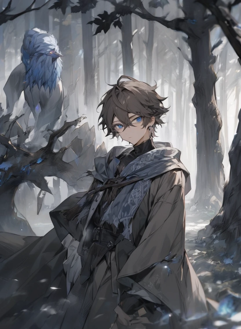 young man ,Male Dark, dark Woods, cold gray colors, man pale brown hair with blue eye, Warlock dnd , tentacle in background