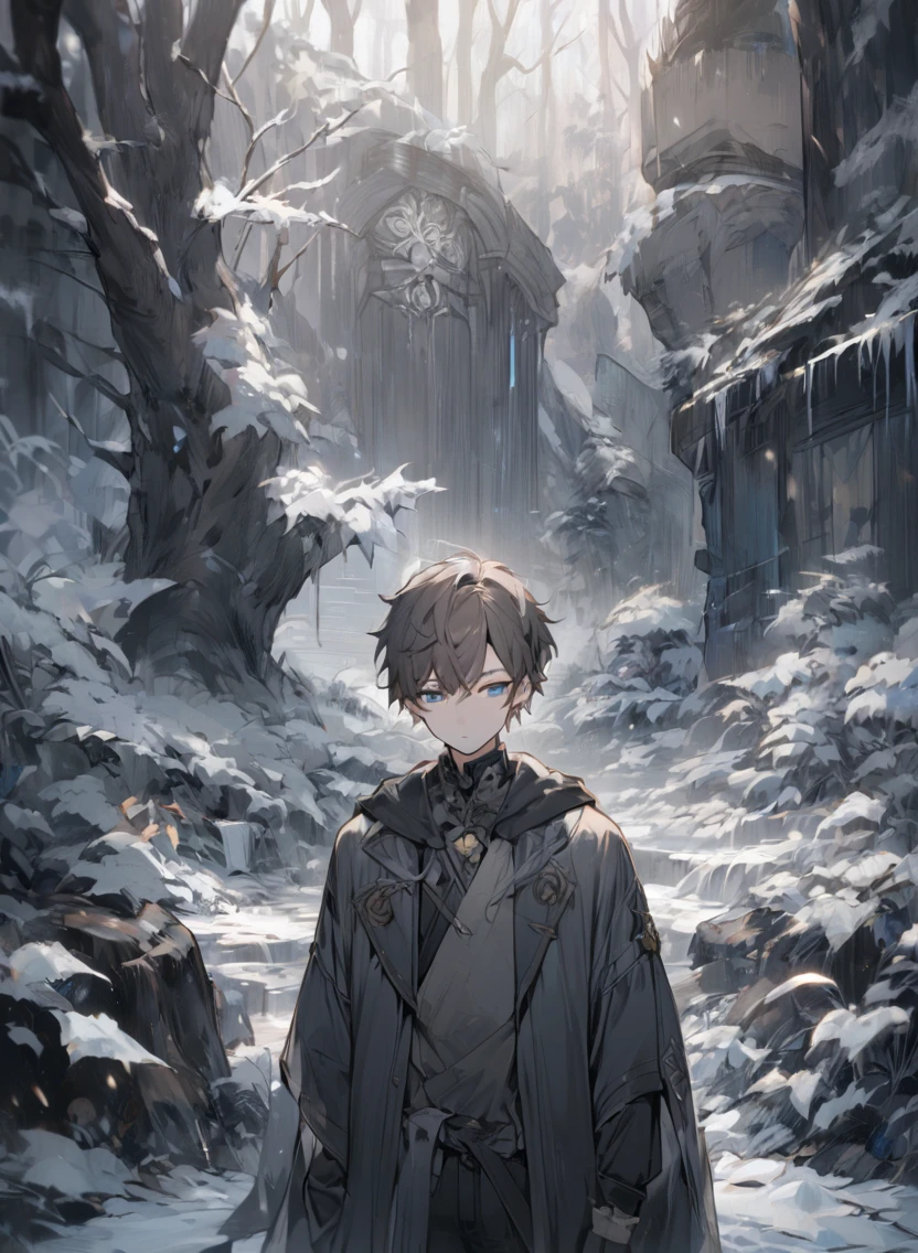 young man ,Male Dark, dark Woods, cold gray colors, man pale brown hair with blue eye, Warlock dnd , tentacle in background