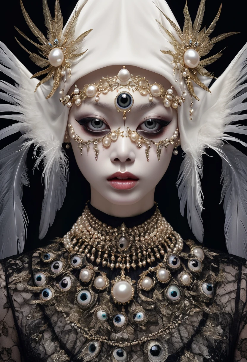 (masterpiece, best quality:1.2),Grotesque Aesthetics:1.56， Ugly faceless person，There are many eyeballs growing on the skin of the face，teeth， Solitary，black background，crown，veil，hand，Pearl Necklace，Feather wings