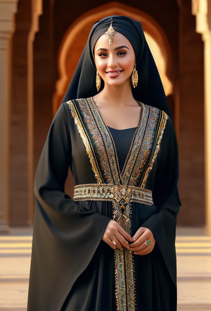 desert princess、Arabian woman、Wearing a gorgeous abaya、Transcendently beautiful、Ideal proportions、Elegant appearance、smile、Bold composition、Looking at the audience、Desert and luxurious palaces、Perfect proportions、(Highest quality、4K、8K、High resolution、masterpiece:1.2)、Super detailed、(Real、Photorealistic、Photorealistic:1.37)、HDR、uhd、Studio Lighting、Ultra-fine painting、Sharp focus、Physically Based Rendering、Extremely detailed depiction、professional、Bright colors、Bokeh、Portrait、realism
