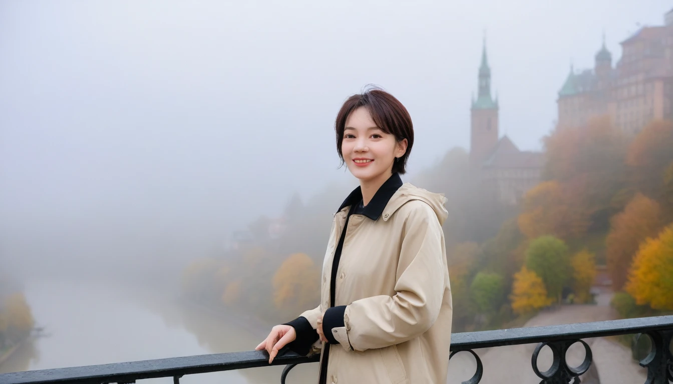 high quality, 1 woman, ((36 years old 건강한 한국 여성)), ((36 years old)), 1 woman, The eyes are big and beautiful. ((slim)), ((short medium hair)), laugh. pose: standing, High-end luxury windbreaker jacket, background: Your residence is a baroque townhouse with a plaster façade and wrought iron railings.... Overlooking the Heidelberg River, Germany, autumn, Morning fog,, looking slightly upward, 1 woman, Full body shot with Canon 16-34 wide angle lens, View: river view, look sideways, There is a thick fog in the river.