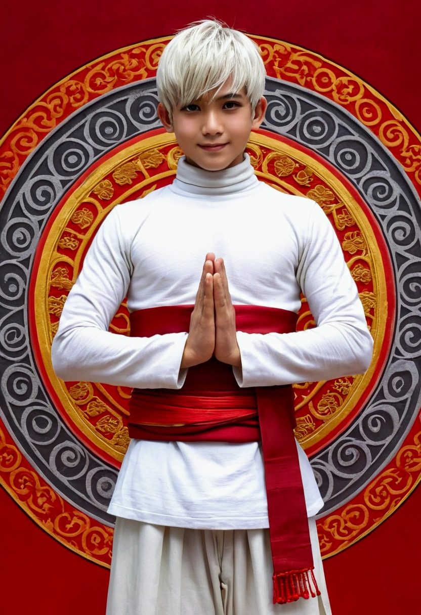 A boy with short white hair and red eyes... , white turtleneck , Wear a red sash around the waist. , Open your arms outside your body. , Destiny anime , dazed face, smile a little , Background Heaven in Buddhism , There is a wheel of destiny. behind the character , head-foot , flashy colors , remote image