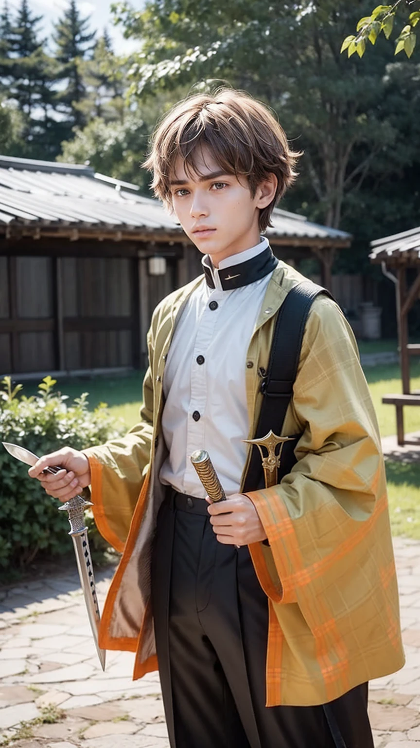 a boy brown hair holding a sword near a fire,Green and black plaid shirt, realistic photo ,cinematic