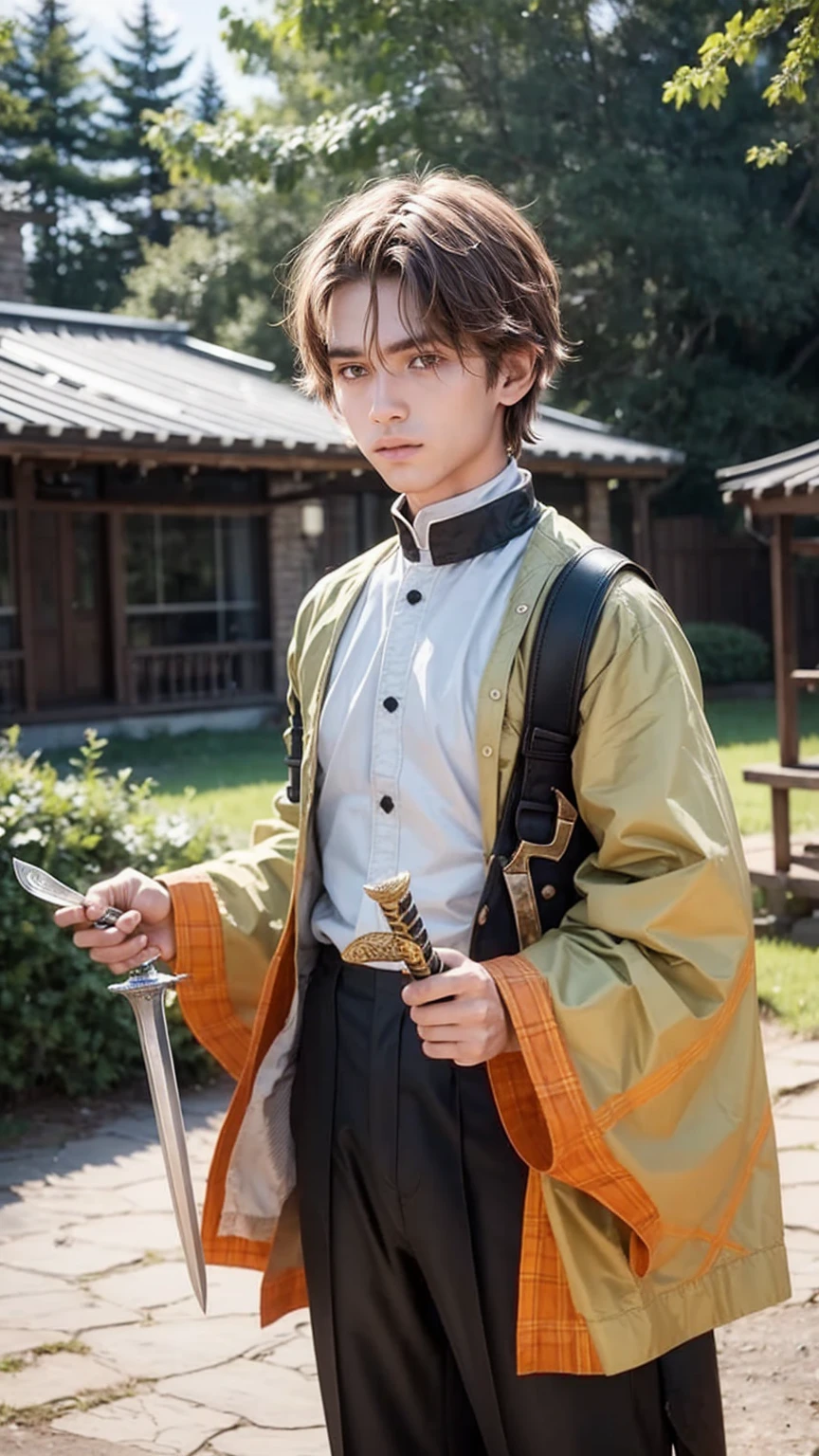 a boy brown hair holding a sword near a fire,Green and black plaid shirt, realistic photo ,cinematic