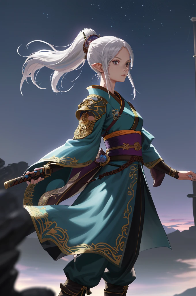 Highest quality，High resolution， ((DQ10)) ，（Elf），Martial Artist，（gun），One person，warrior，（white_armor），purple，kimono，woman，One personで，ponytail，strongest，Anime Style，（Night Sky_background），(Limbs)，(Full Finger)，(Accurate fingertips), (The finer details), (Super detailed)，(Japanese sword:)，4K，(high resolution)，whole body, (Front angle), Looking at the camera,masterpiece，(Subtle details)，(Intricate details)，Octane Rendering，(Hyper Detail)，