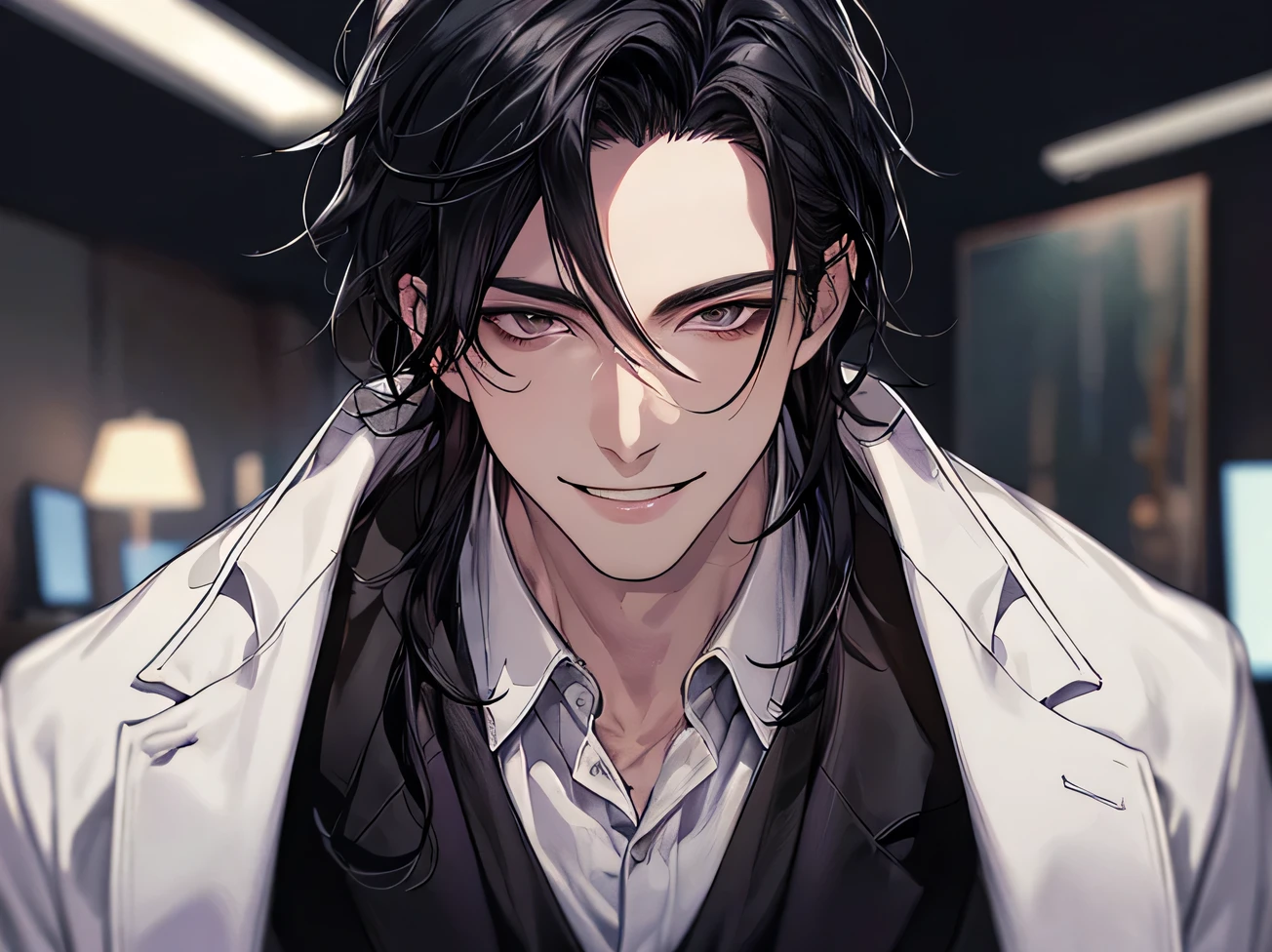masterpiece,(Dark Room)、Night atmosphere,Dynamic Angle,masterpiece,Face close-up,30 year old mature male doctor，Horny,smile,transformation,Black Hair,Slightly longer hair, Scientist,Wear a white coat as a doctor&#39;s outfit，（White Undershirt 1.5）Standing in the hospital with a cold expression（Indifferent 1.5）（The background is inside the hospital：1.5）,Research Room