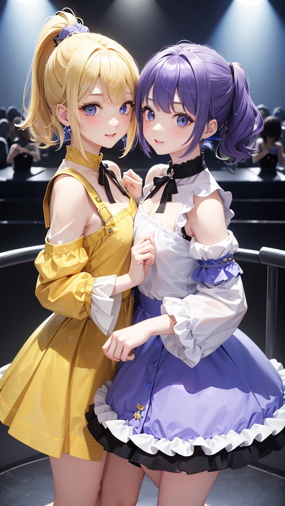 Two Girls、Blonde、Bob Hair、Golden Eyes、ColorPurple、Idol、Fluffy skirt、dance、fine、Blonde、ponytail、Pale blue eyes、Color: Blue、