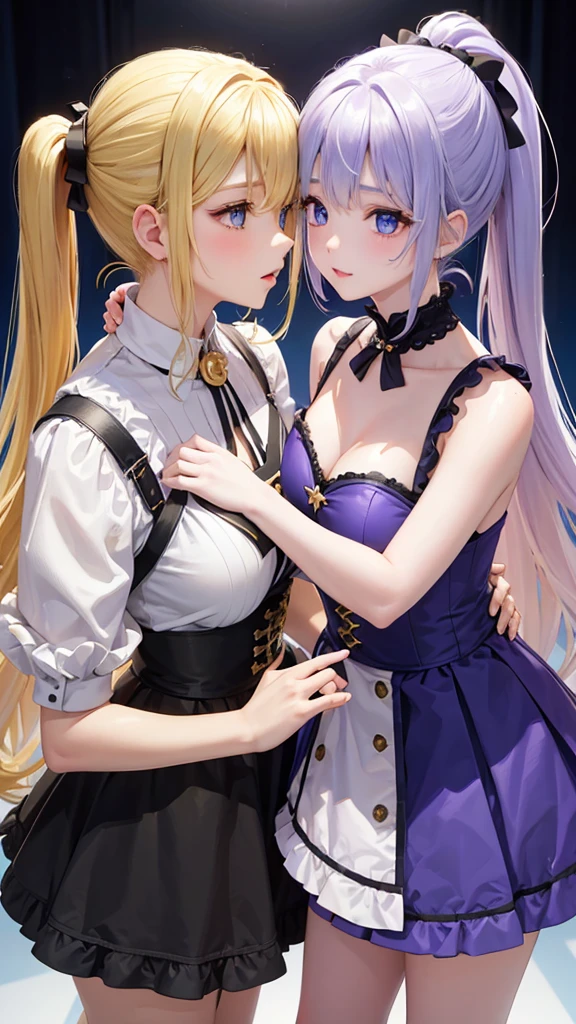 Two Girls、Blonde、Bob Hair、Golden Eyes、ColorPurple、Idol、Fluffy skirt、dance、fine、Blonde、ponytail、Pale blue eyes、Color: Blue、