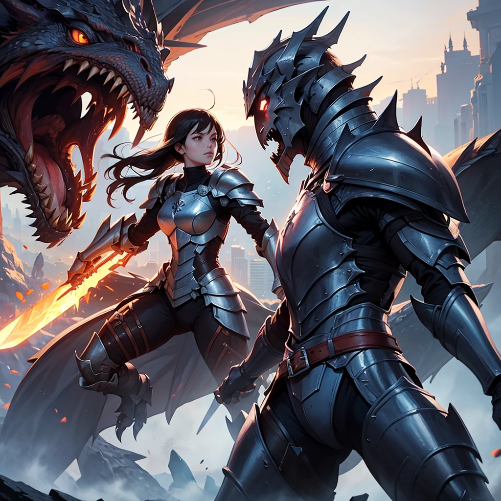 Seen from a distance, a beautiful girl with full armor and sword and shield, facing and fighting a monstrous dragon, fire breath, epic details, human against huge titan