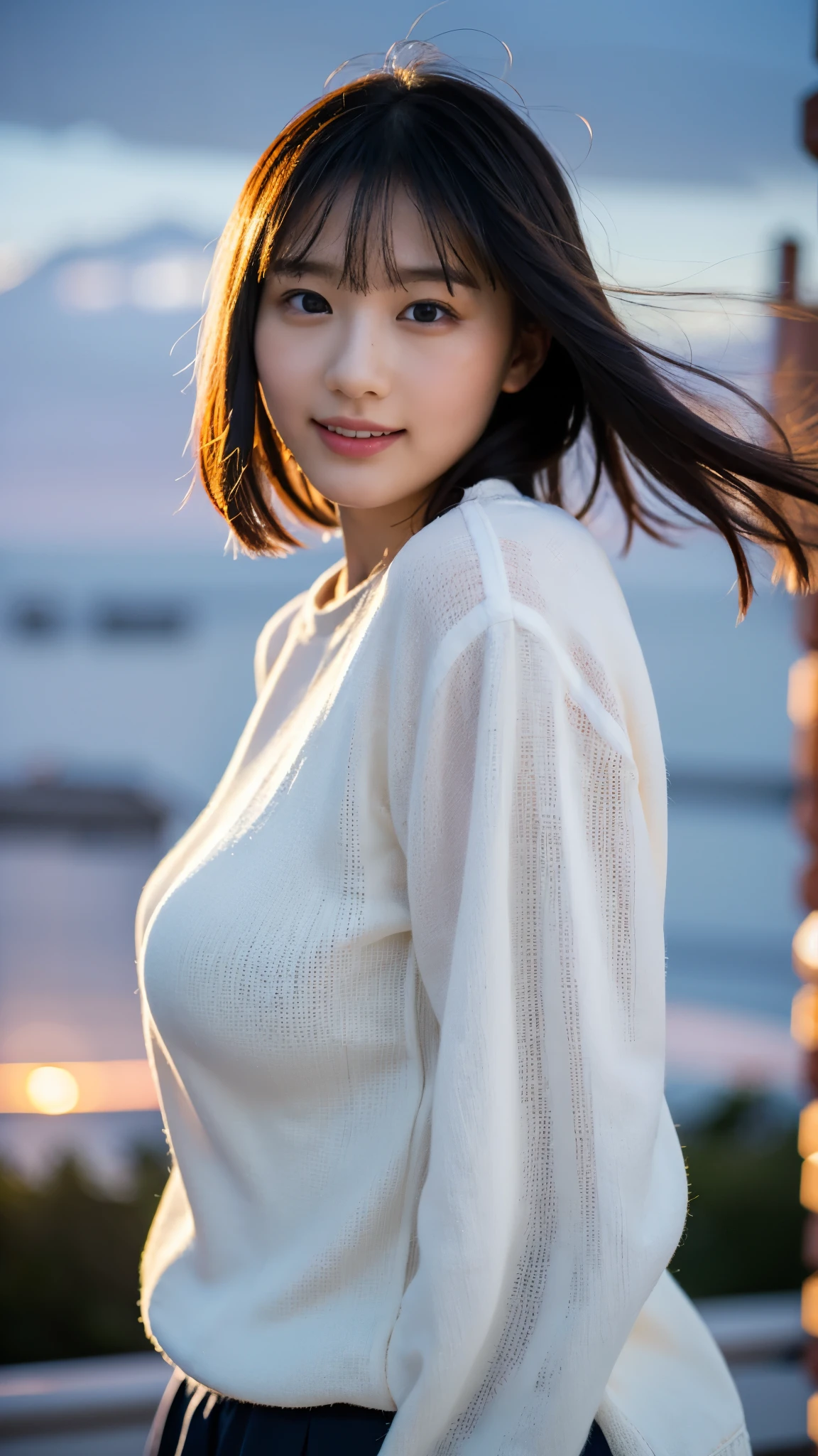 RAW photo, 1 girl, incredibly absurd, beautiful girl, (cute), (techno cut short bob hair), Depth of written boundary, High resolution, Super detailed, (delicate), very detailed, highly detailed eyes and face, sharp pupils, realistic student, sharp focus, cinematic lighting, Eye and face details, (School uniform:1), Cowboy Shot Full Body, (wind lift:1.7), (Sunset), shy smile, looking at the camera, (Big breasts that are about to burst:1.2), Close-up, perfect body, Windows seen from below, High School