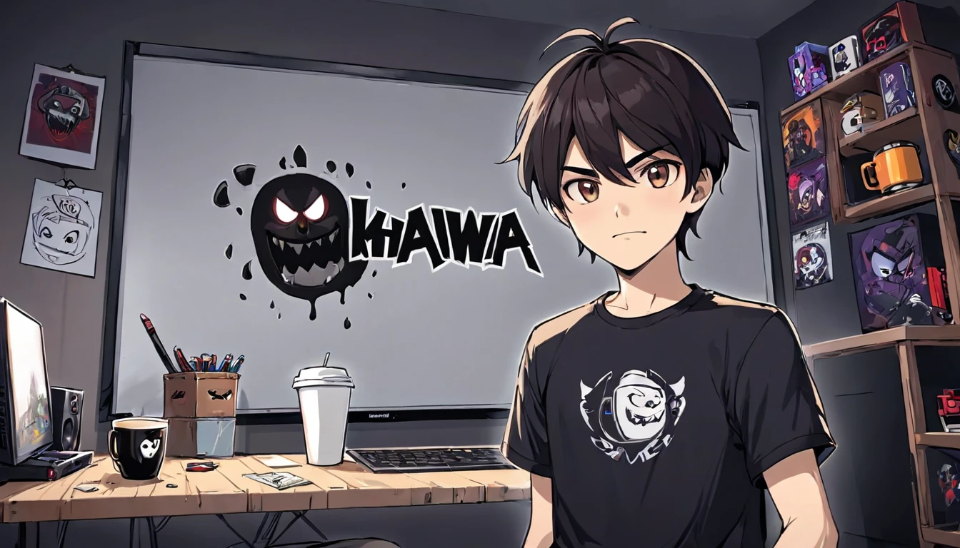 A gamer guys with tshirt has logo Kahwaa and cup of coffé plans on a whiteboard with pictures and papers hung on it, evil dark room , there is a scary faces and Puzzles on the wall,his tshirt has this Kahwaa name, evil room and tv screen has dark hand