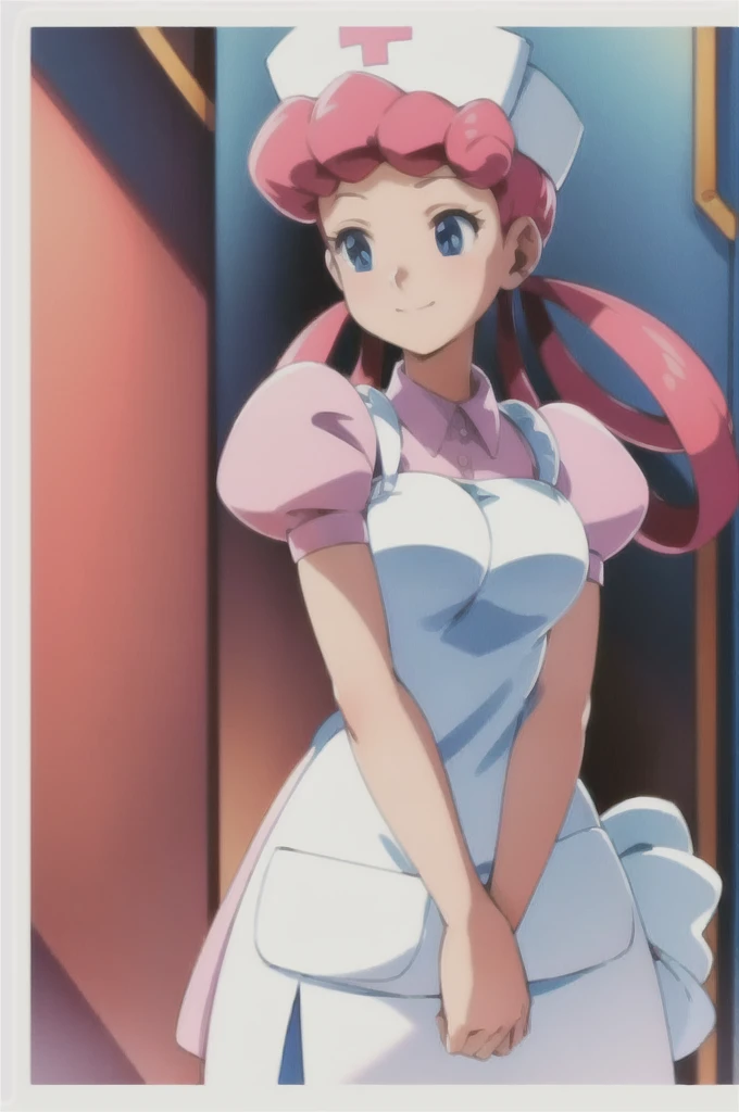 (masterpiece, Highest quality:1.2), nurse joy, Pokemon, blue eyes, Mouth closed, Long Hair, Pink Hair, Short sleeve, nurse, blush, Holding, puffy Short sleeve, Large Breasts, Puff sleeves, nurse cap, One girl, View your viewers, smile, alone, Have, dress, apron, Hair Ring, clipboard