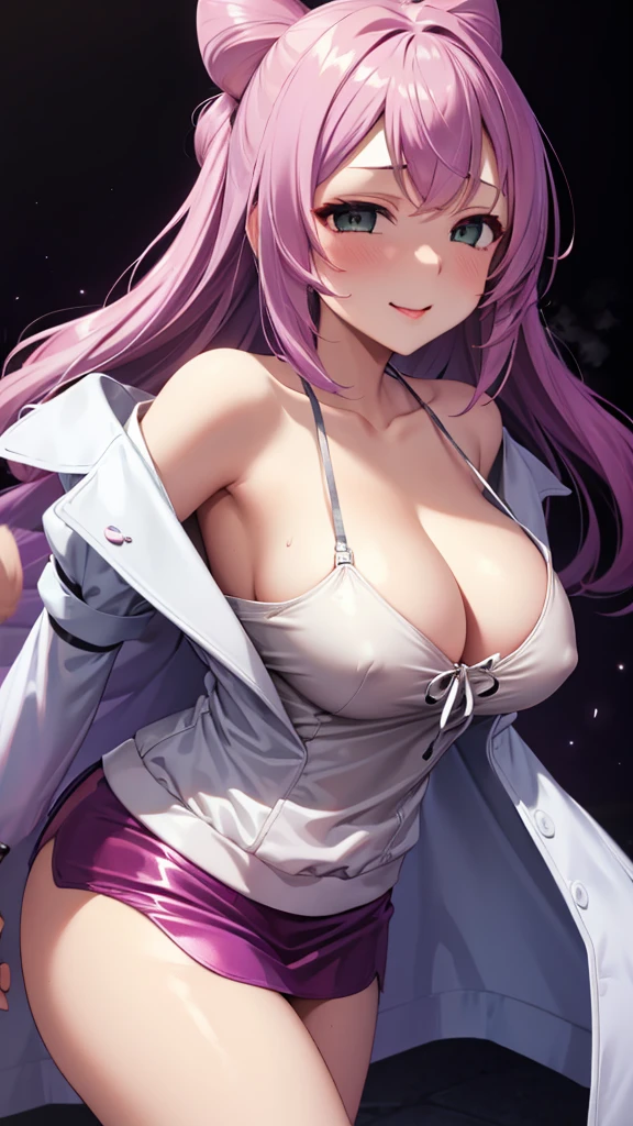 Erotic、Shiny camisole mini skirt Pink line、Evil female executive、sexy、Erotic Sneer、lure、Alluring、Pitch black background、Dark bedroom at night、White open long coat jacket