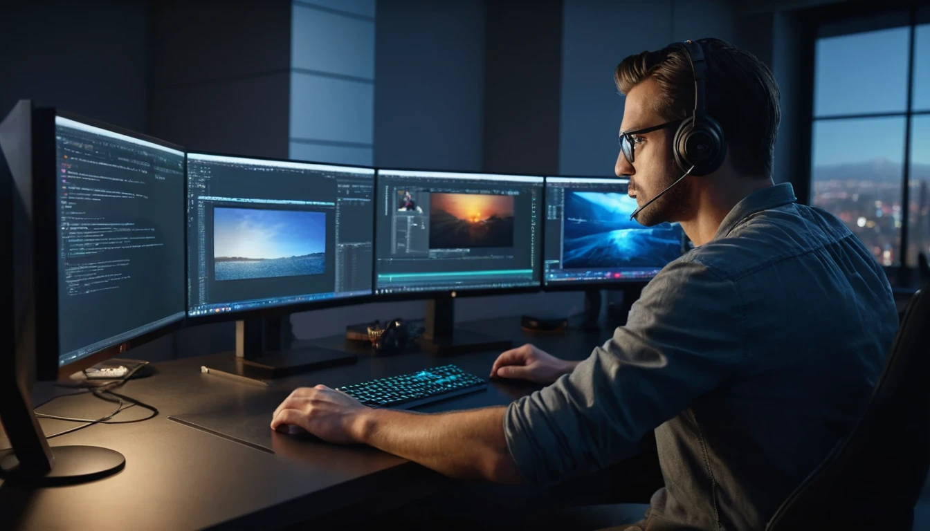 a man sitting at a computer desk, back turned, editing video on a computer screen, cinematic lighting, detailed facial features, (best quality,4k,8k,highres,masterpiece:1.2),ultra-detailed,(realistic,photorealistic,photo-realistic:1.37),digital art,studio lighting,sharp focus,physically-based rendering,extreme detail description,professional,vivid colors,cinematic composition