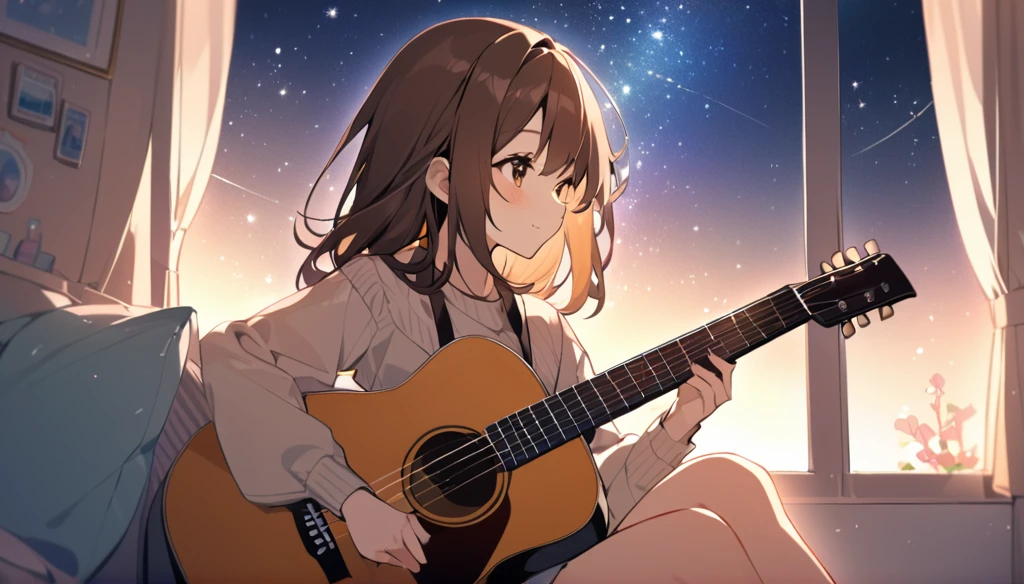 A cute girl with brown hair playing the guitar and looking at the sky from the window in her room A lonely look A beautiful starry sky can be seen from the window.。