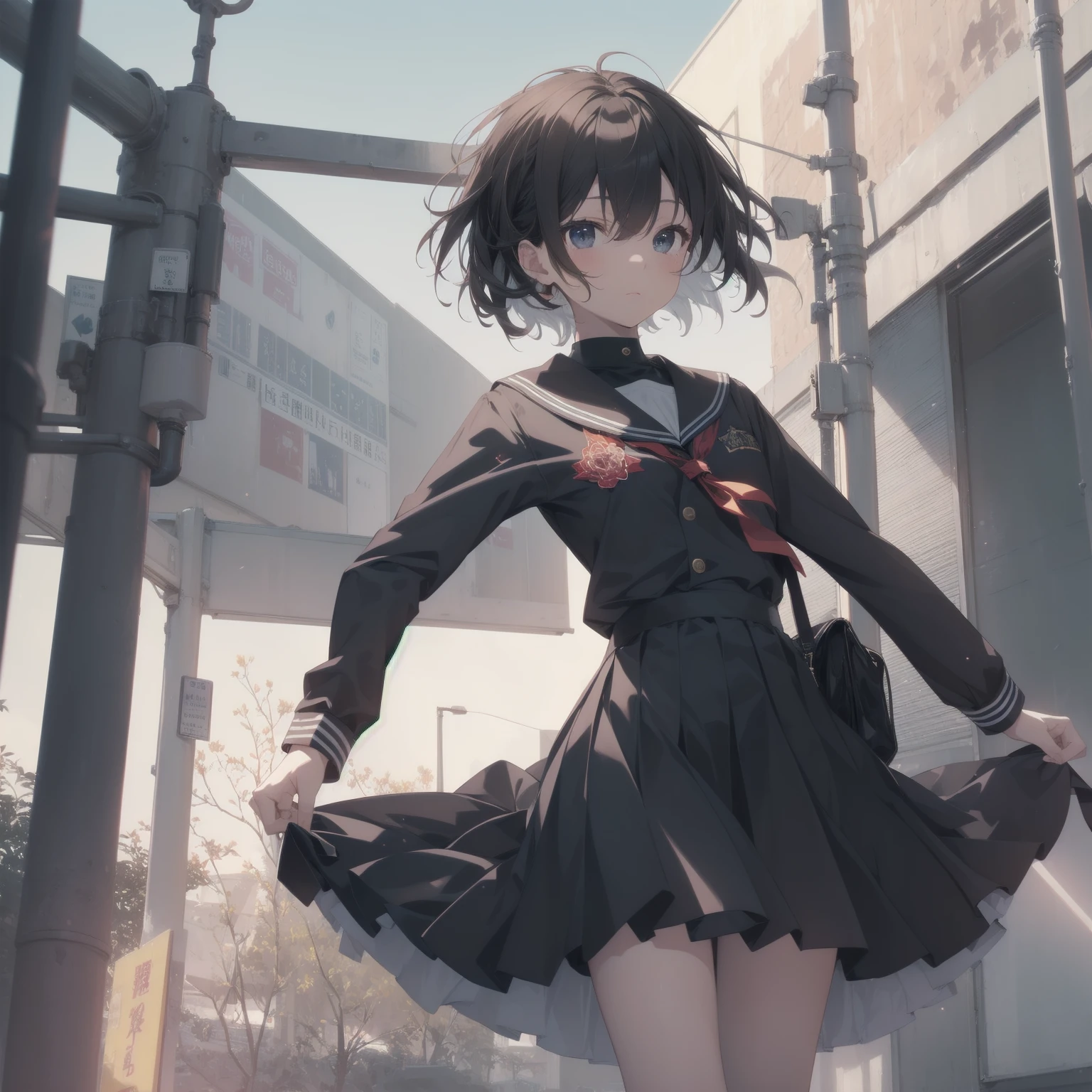 ultra-absurdres-Top quality by artist God, ultra-detailed, high resolution, anime moe artstyle, best anime 8k konachan wallpaper, pixiv contest winner, pool:2810, perfect anatomy,break, 1girl, (Please draw a girl walking sleepily to school alone. )break,(Solo,little female, 13-year-old:1.3),Full limbs, complete fingers,a junior high school student, (very short hair), short cut, flat chest, , small butt, small black eyes, beautiful detailed eyes, well-proportioned iris and pupils, expressive eyes, highres detailed hair, soft expression, salor school_uniform, sailor collar, serahuku, bow, pleated skirt,(Detailed Lighting), (Detailed background), in the School commute route. break,super detailed skin, Best cinematic lighting powered by famous artist, 8k,beauty illustration,photoshop_(medium),very aesthetic,break,((artist:beni_shake )), artist:clamp ,artist:carnelian ,artist:kantoku ,
