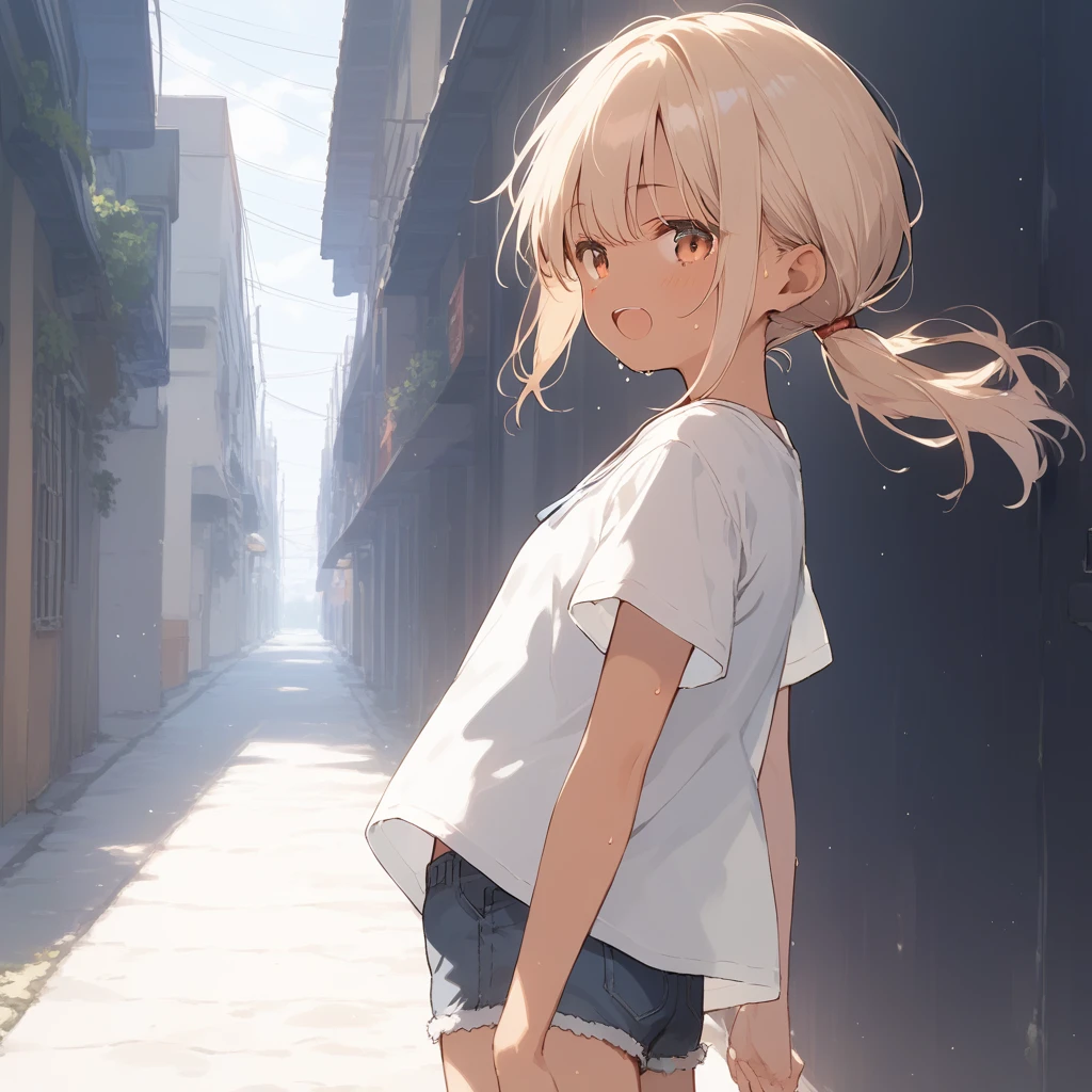 score_9, score_8_up, score_7_up, source_anime, best quality, masterpiece, official art, absurdres, highres, ultra-detailed,waifu2x,Collection: Slice of Life,break,1girl, tomboy, dark-skinned female, short hair, low ponytail, flat chest, beautiful detailed eyes, short shorts, sweat, open mouth, (yawn:0.3), sleepily, outdoors, wind,break,(clear line illustration:1.2), super detailed skin,very high resolution, very aesthetic, Best sexual lighting powered by famous artist, 8k,cute picture,beauty illustration,photoshop_(medium),,(Detailed Lighting),best anime 8k konachan wallpaper, pixiv contest winner,