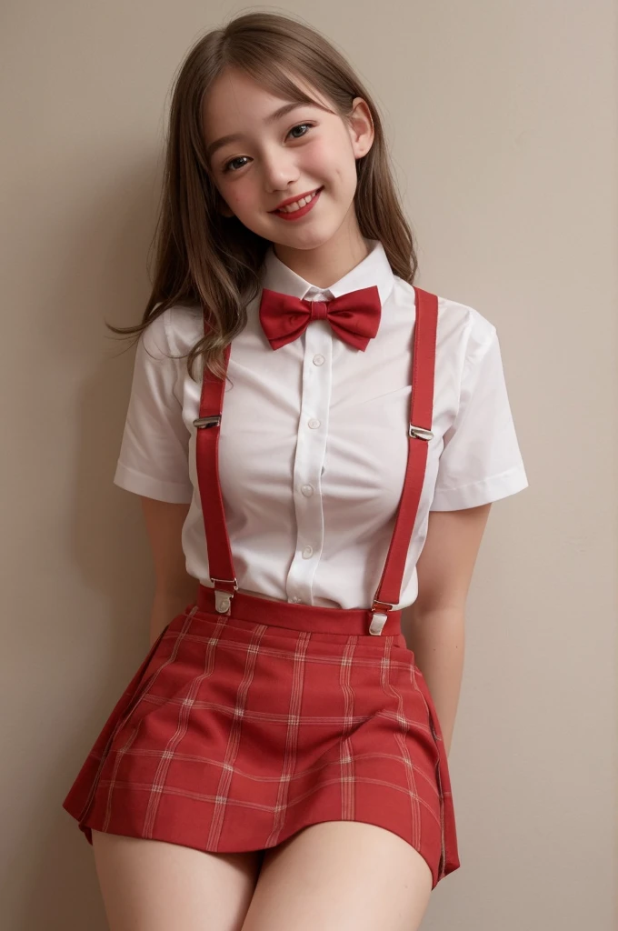 One girl, alone, Small breasts, Suspender skirt, White shirt, Red bow tie, Happy