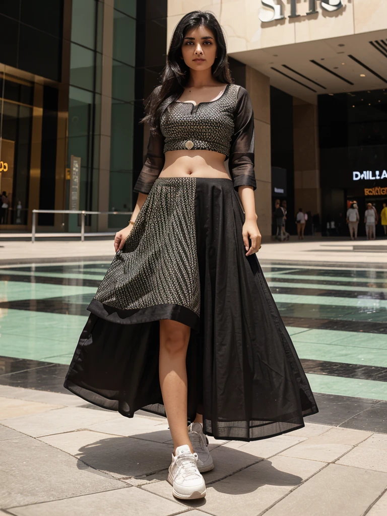 A indian gril black hair drees stylish lehenga and adidas shoes at Dubai mall explore