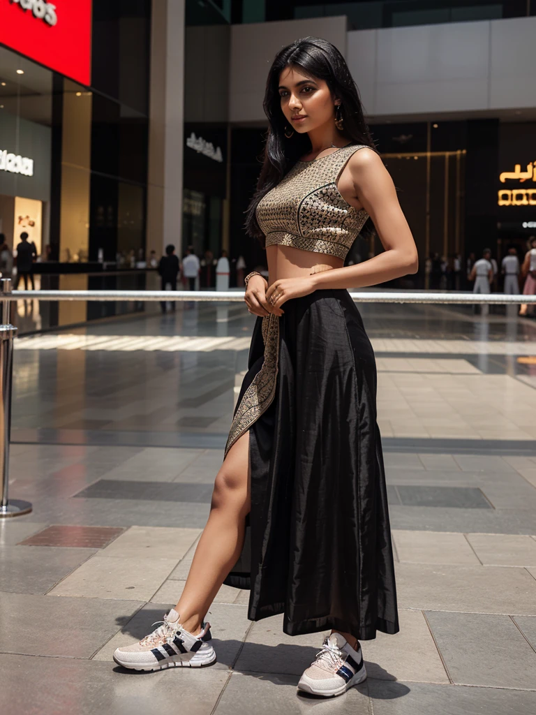 A indian gril black hair drees stylish lehenga and adidas shoes at Dubai mall explore