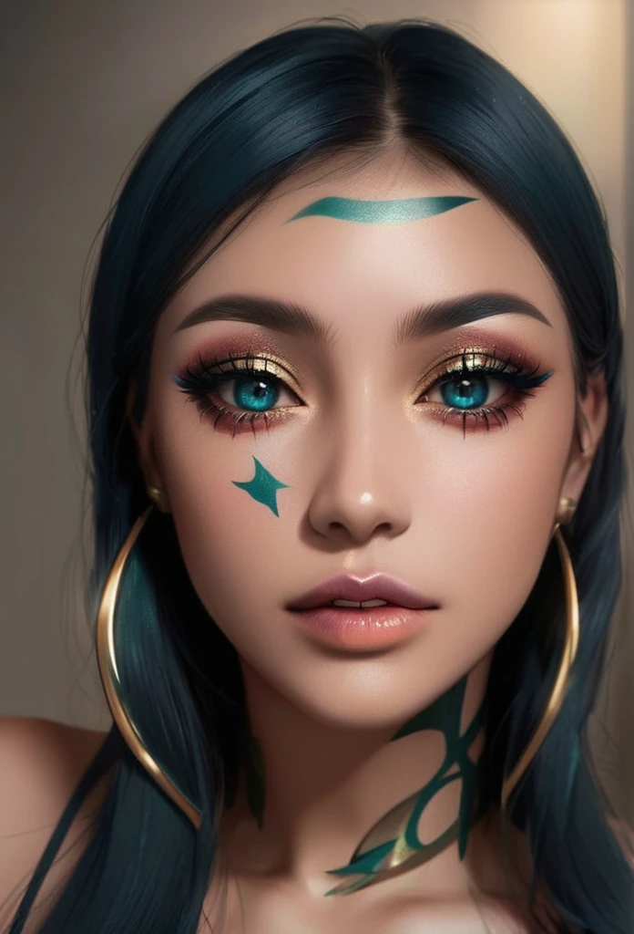 a woman's face. Detailed close-up photo. blue contact lenses. subtle, low-key red gold green themed makeup. False lashes. Glamorous Latina model