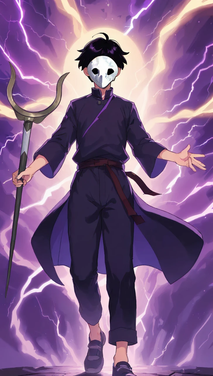 A boy in a loose purple outfit, wearing a white mask and griping a staff. Purple lightning background