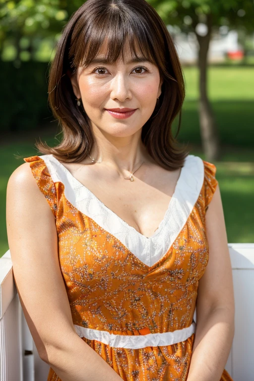 highest quality, masterpiece, High resolution, Photoreal, RAW photo, 8k wallpaper, Flawless, professional lighting, very detailed, written boundary depth, ((one beautiful woman)), 40 years old, sexy woman, ((yellow, Orange and green fancy patterned printed dress)), Upper body, ((view audience)), detailed face, beautiful eyes, ((facing the front)), ((at the park)), (Sunny), bangs, well-shaped chest, cleavage, light brown straight hair, faint lips, cowboy shot, ((arm between legs))