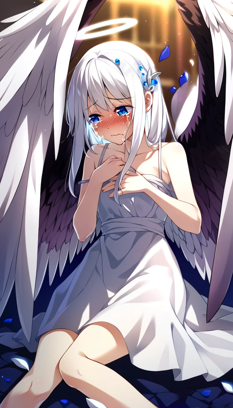 one girl, fallen angel, angel wing, angel ring, sacred, cute, naive, crying, , beautiful, light blue eyes, white dress, white hair, hurt