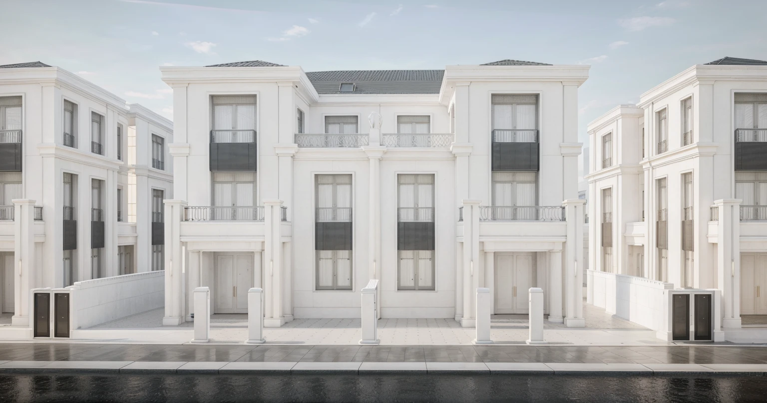 a rendering of a modern house with a grand main entrance, a 3D rendering inspired by Ricardo Bofill, winner of the cg company competition, Neoclassicism, neoclassical style, neoclassical style, modern neotraditional, neoclassical architecture, neoclassical, neoclassical, all white rendering, modern neotraditional minimalist, Neoclassicism style, exterior design