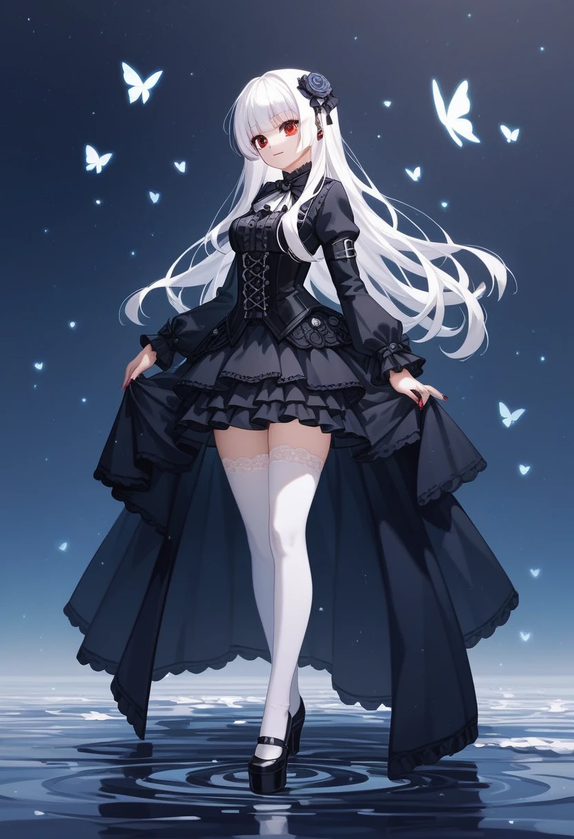 masterpiece, top-quality, masterpiece, top-quality,ighly detailed,{top-quality}, {{masterpiece}}, {hight resolution},original, {extremely delicate and beautiful},masterpiece, top-quality,ighly detailed,{top-quality},white hair, gothic , full body, standing, white thighhighs, short dress, black dress,