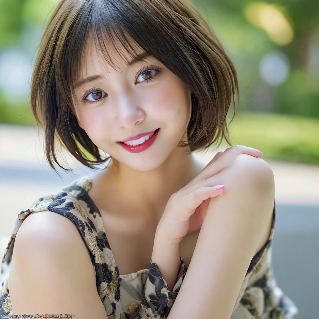 There are。She is a realistic woman.。, Highest quality, figure, Very detailed, In detail, High resolution, 8k wallpaper, Perfect dynamic composition, Beautiful attention to detail, summer,Short Bob Hair,Natural color lip, Bold sexy pose,smile,Harajuku、20-year-old girl、cute、sexy shot looking at camera