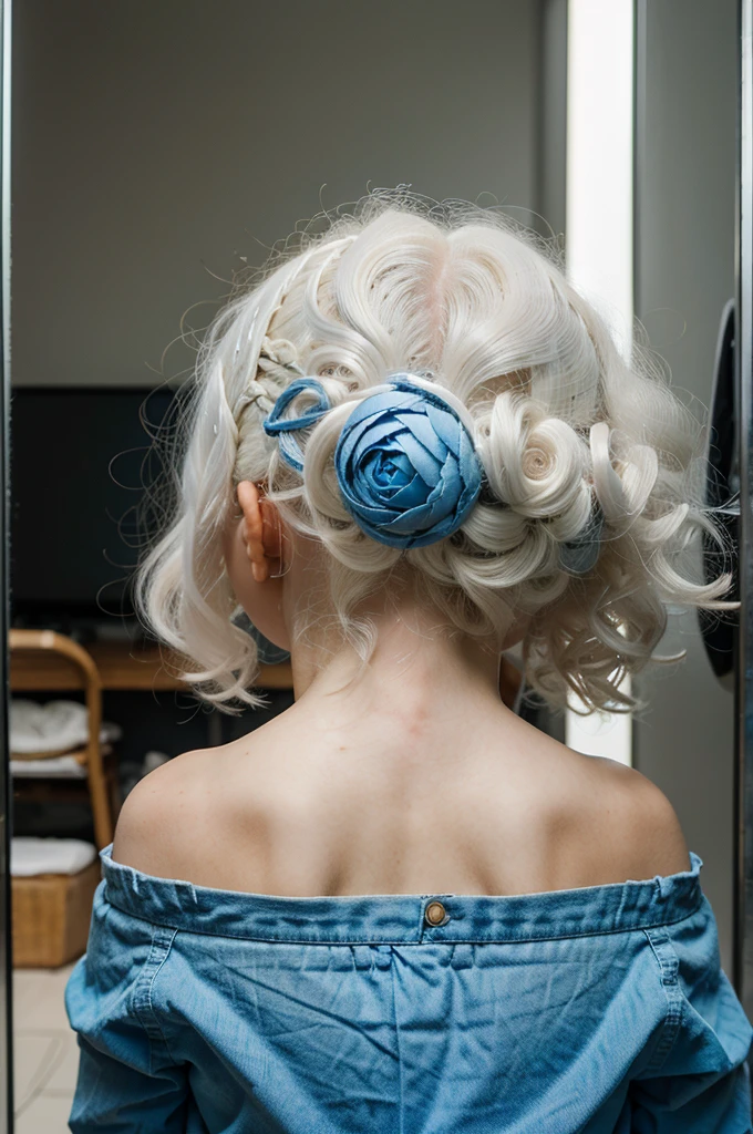 A four-year-old albino girl with curly white hair and blue eyes, rear