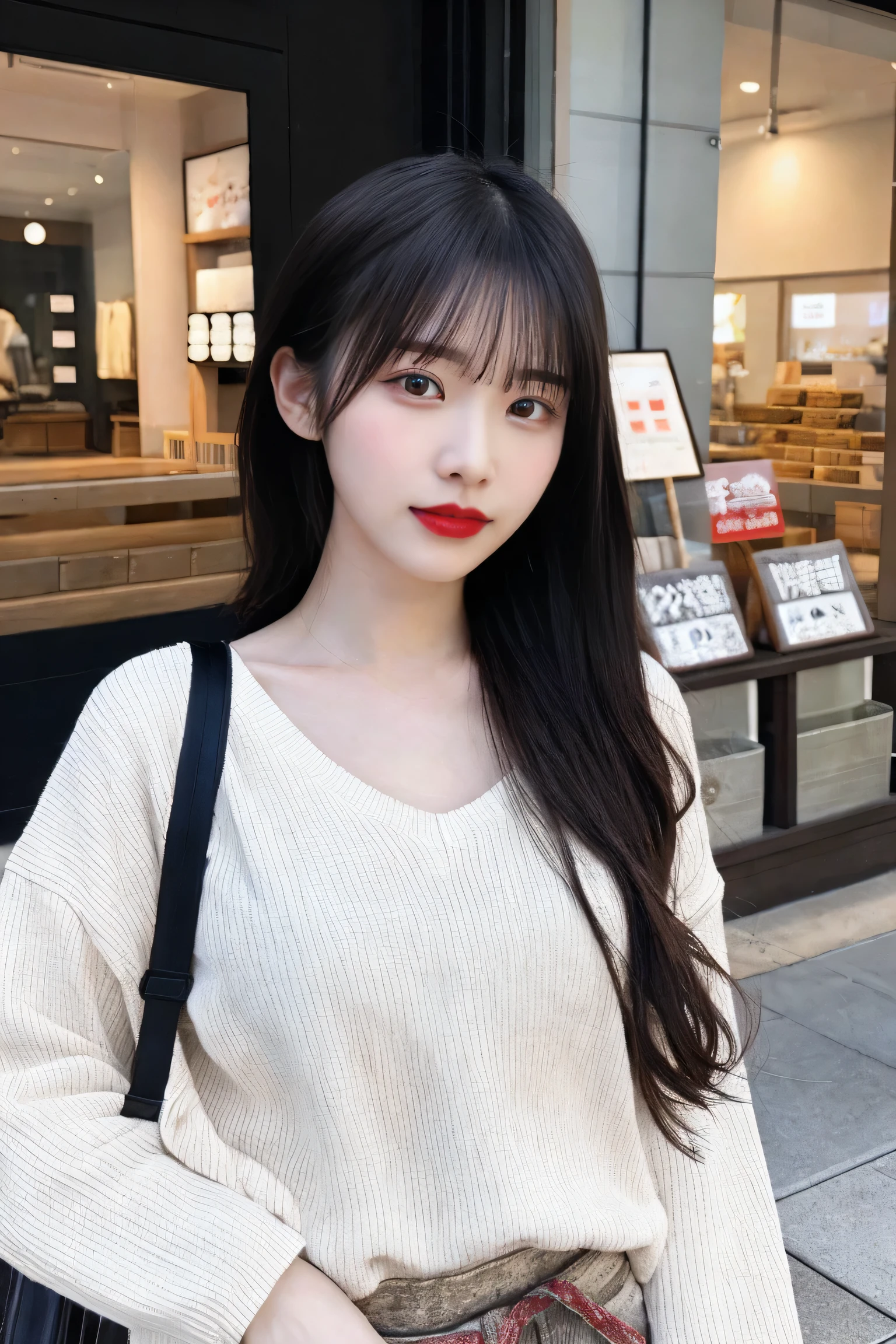 A raw photo of a 21 year old Japanese girl in a casual clothing standing by a store, perfect face, perfect detail, perfect detail eyes, perfect body, pale skin, red lips, high quality, intricate details