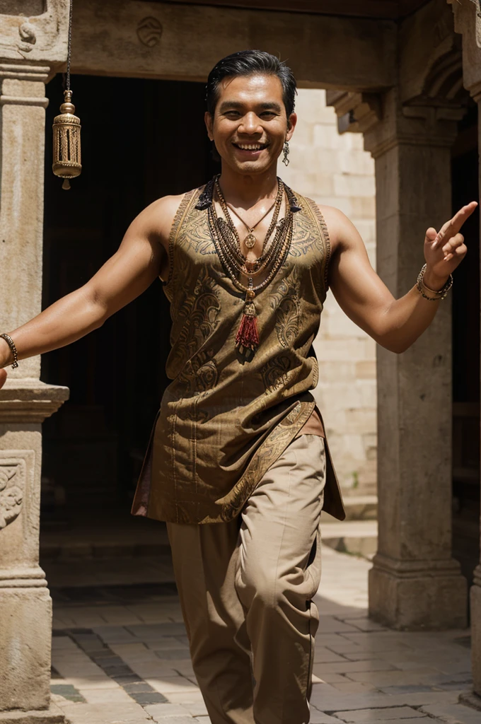a handsome Indonesian Javanese man dancing, smiling sweetly, facing forward,wearing a Javanese necklace,shoulder length hair,wearing batik,statue gate courtyard,ultra hd, clear photo, Realistic image, digital art, photography, very detail, sharp and intricate 8K high resolution