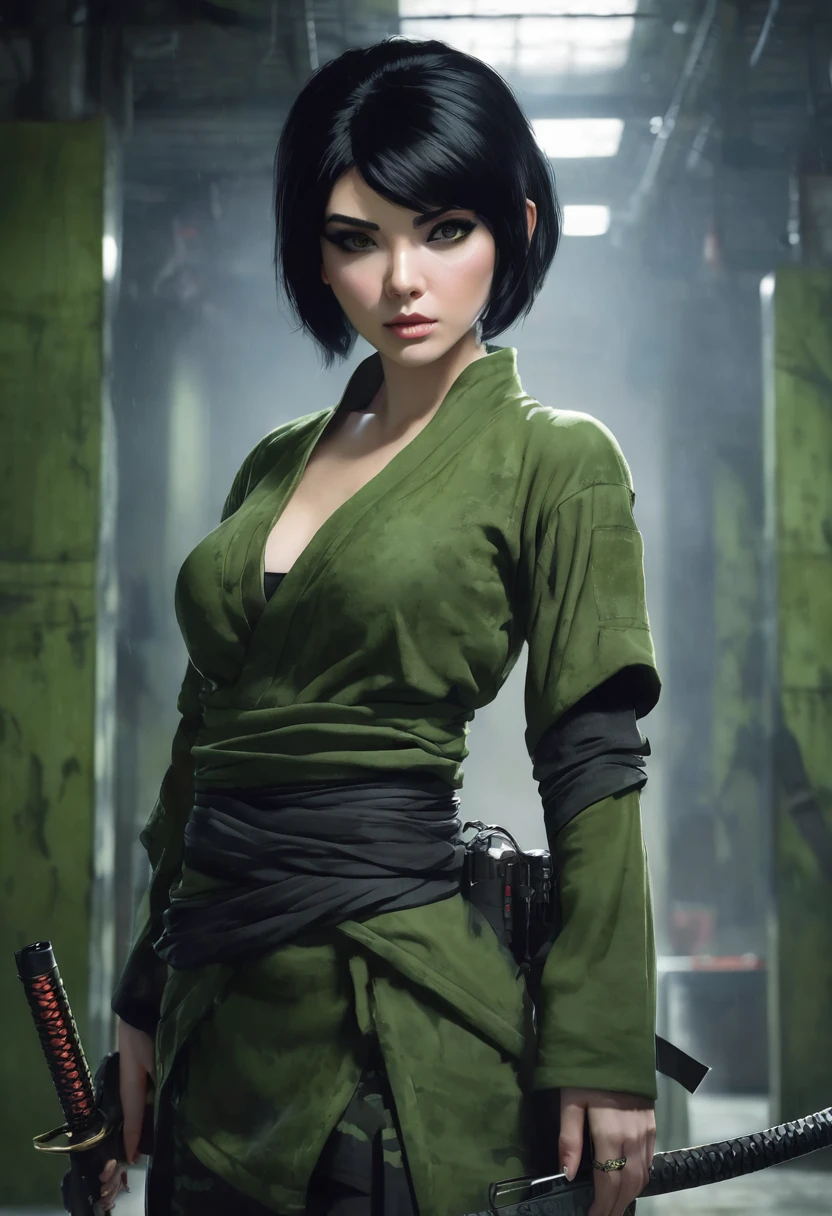 1 woman, inside a manual weapons room, wearing moss green ninja clothing, detailed facial features, black and feminine eyes, detailed white skin, black pixie cut hair, image showing full body, cleavage, dramatic lighting, cinematic composition, palette cold, dark colors, atmospheric fog, strong body, thin chin, (best quality, 4K, 8K, high resolution, art: 1.2), ultra-detailed, (realistic, photorealistic, photorealistic: 1, 37)