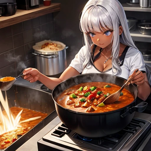 A silver-haired, dark-skinned woman cooking curry in a giant pot