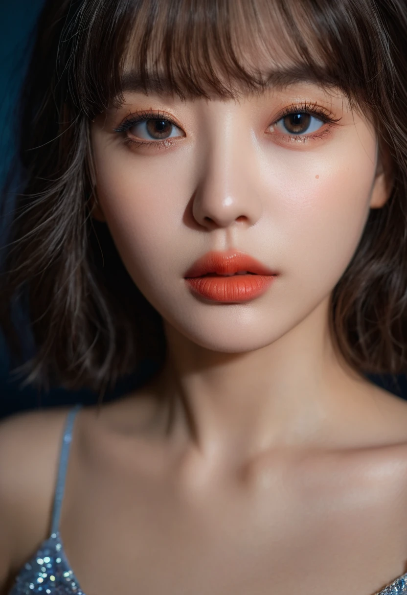 8K, best quality, 1 Girl, (Skin Indentation), night, (dark), Indoor clear background, (people), Beautiful bangs, Gorgeous,, (Clothing and:1.3),Soft lighting, attractive, dark Room, (mouth close:1.2, beautiful eyes, Delicate eyes, Detailed iris, Beautiful lips, Beautiful nose, Pretty Face),(primary color:1.5)