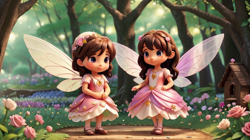 Create a beautiful fairy with shiny wings and a beautiful rose dress in a forest of flowers and make her fly over and find a sad family of rabbits through the forest in their little houses