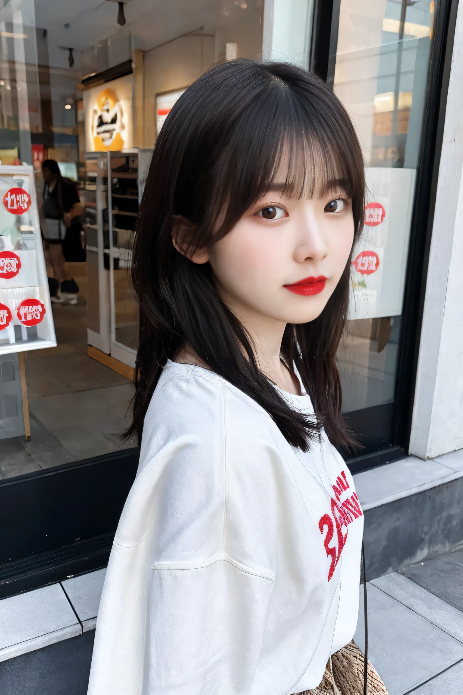 A raw photo of a 21 year old Japanese girl in a casual clothing standing by a store, perfect face, perfect detail, perfect detail eyes, perfect body, pale skin, red lips, high quality, intricate details