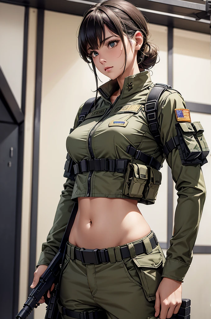Woman in white holding a rifle and wearing headphones, 42 year old woman, young soldier, mechanized young soldier, Military Girl, beautiful female soldier, Female lead character, Military Girlราบ, Girl's sniper at war, solo female character, Future combat equipment, Half-body close-up, Woman wearing military bulletproof crop top, Show navel, Wear tactical equipment, Wear tactical armor., realistic navel shape