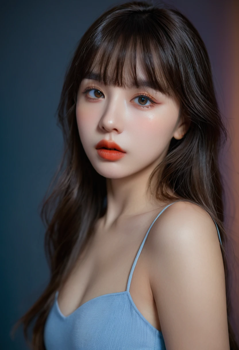 8K, best quality, 1 Girl, (Skin Indentation), night, (dark), Indoor clear background, (people), Beautiful bangs, Gorgeous,, (Clothing and:1.3),Soft lighting, attractive, dark Room, (mouth close:1.2, beautiful eyes, Delicate eyes, Detailed iris, Beautiful lips, Beautiful nose, Pretty Face),(primary color:1.5)