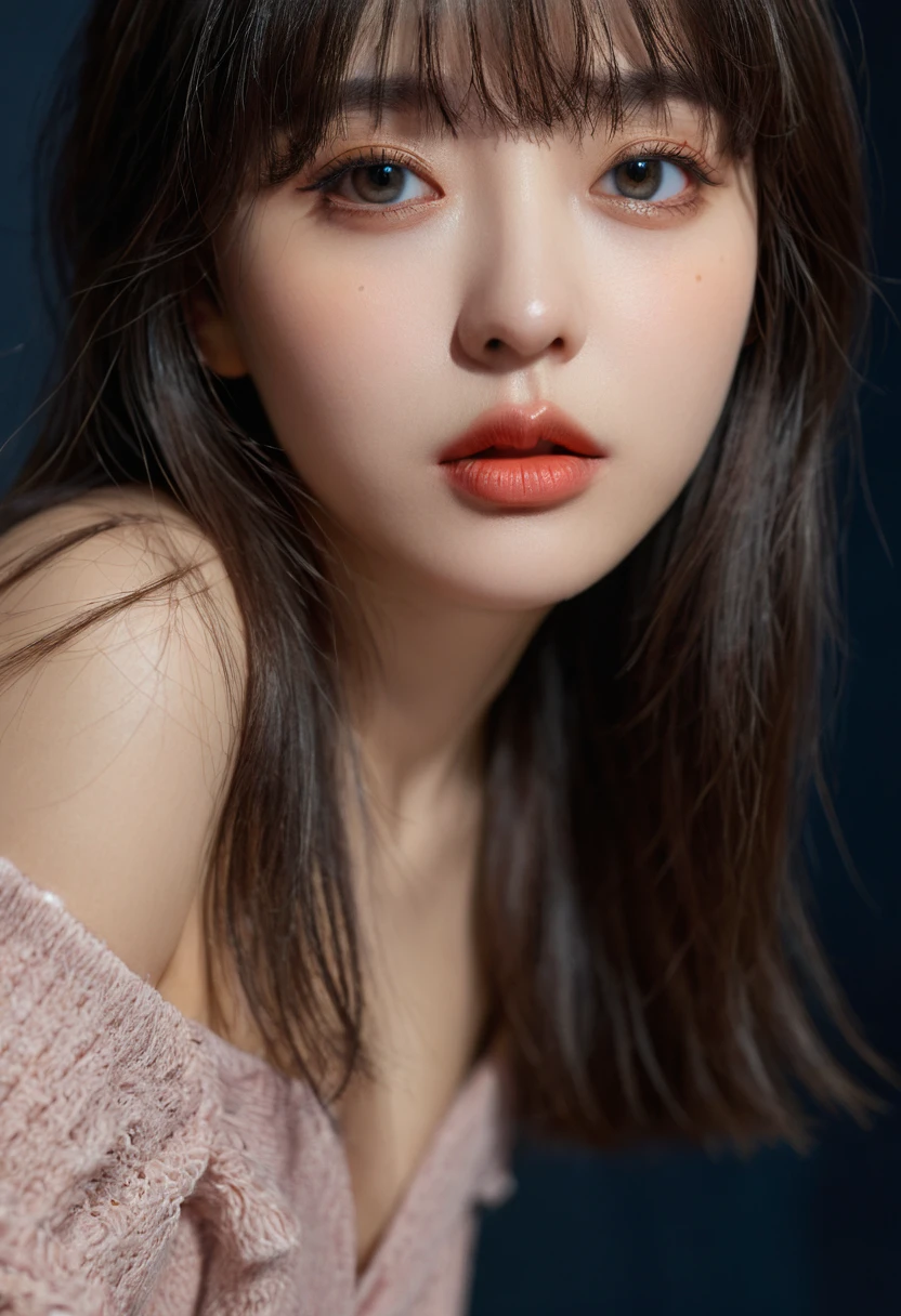 8K, best quality, 1 Girl, (Skin Indentation), night, (dark), Indoor clear background, (people), Beautiful bangs, Gorgeous,, (Clothing and:1.3),Soft lighting, attractive, dark Room, (mouth close:1.2, beautiful eyes, Delicate eyes, Detailed iris, Beautiful lips, Beautiful nose, Pretty Face),(primary color:1.5)